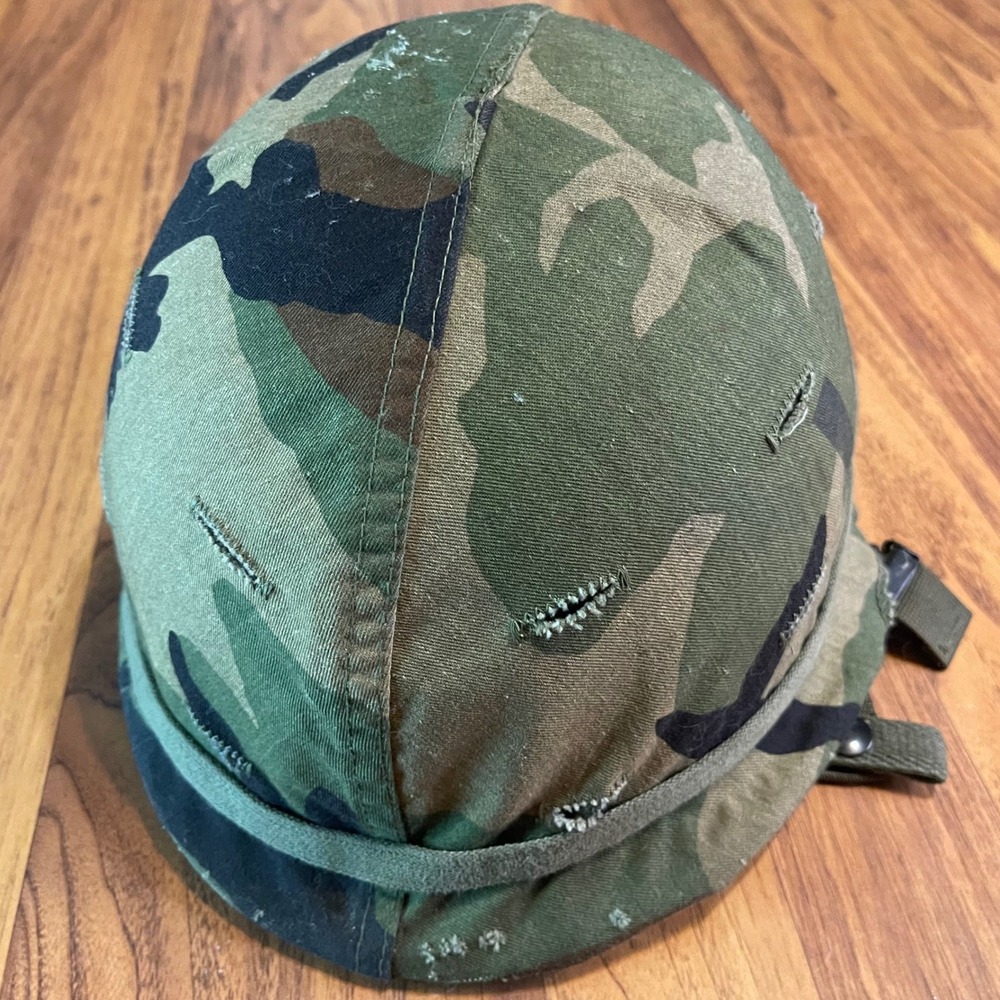 US Military M1 Helmet Woodland Camo V Graphic Vietnam Era 1977 Steinburg Bros